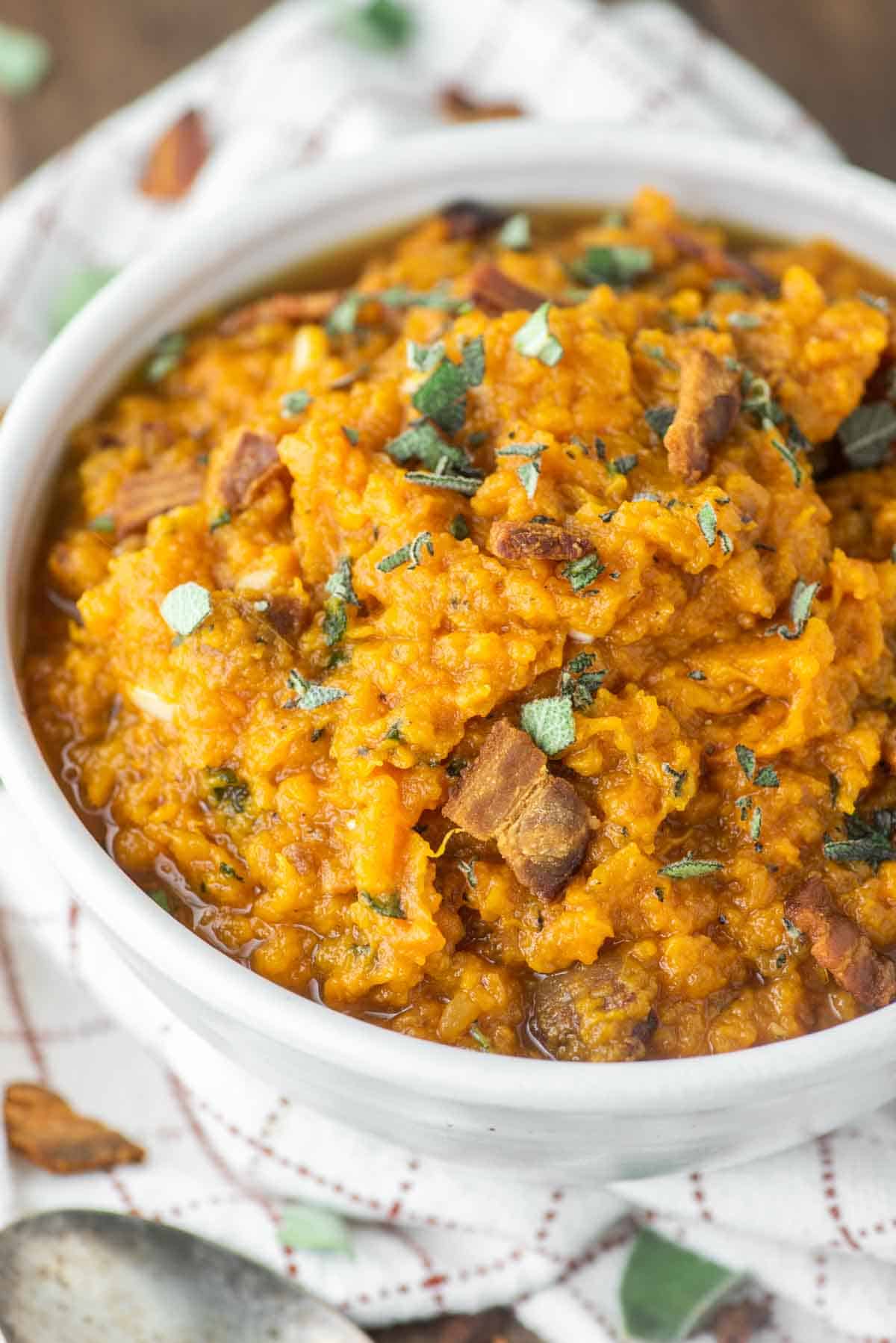 close-up of mashed sweet potatoes in bowl