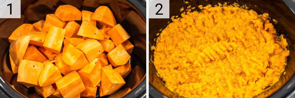 process shots of adding sweet potatoes to slow cooker and mashing once done