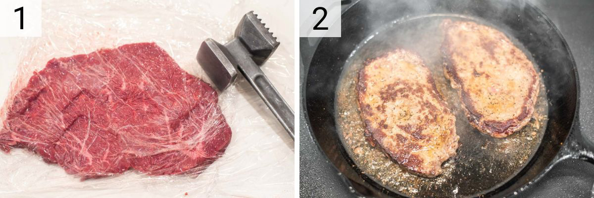 process shots of pounding steak thin and cooking in skillet