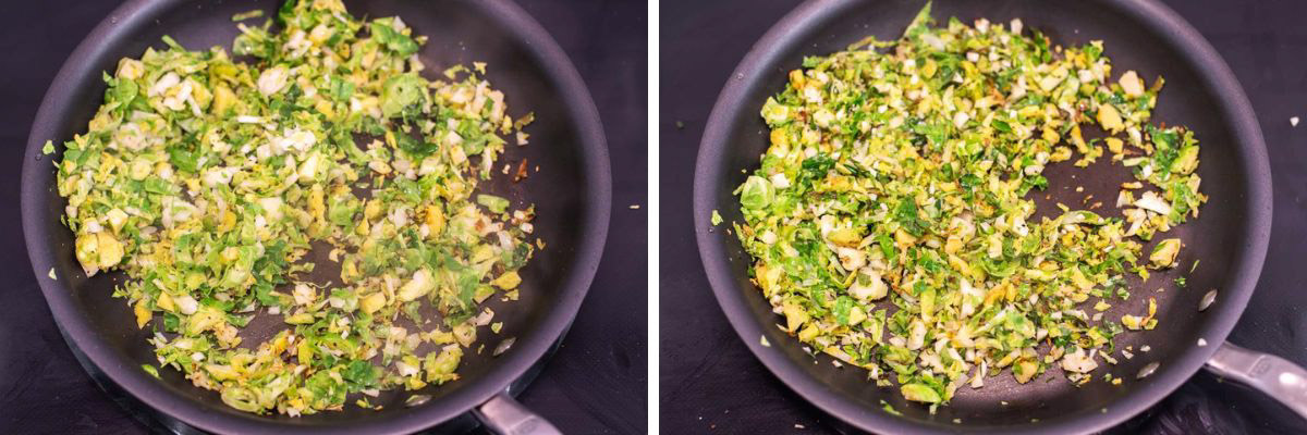 process shots of cooking Brussels sprouts in pan with garlic and herbs