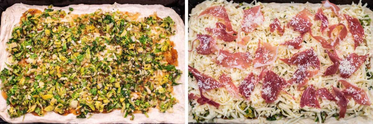 process shots of adding brussels sprouts to pizza before adding the rest of the ingredients