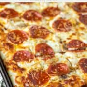 close-up of chicken pepperoni pizza in sheet pan