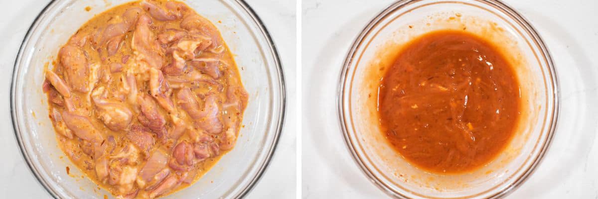 process shots of marinating the chicken in a bowl and making the sauce in a bowl
