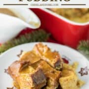 close-up of eggnog bread pudding on white plate with stars