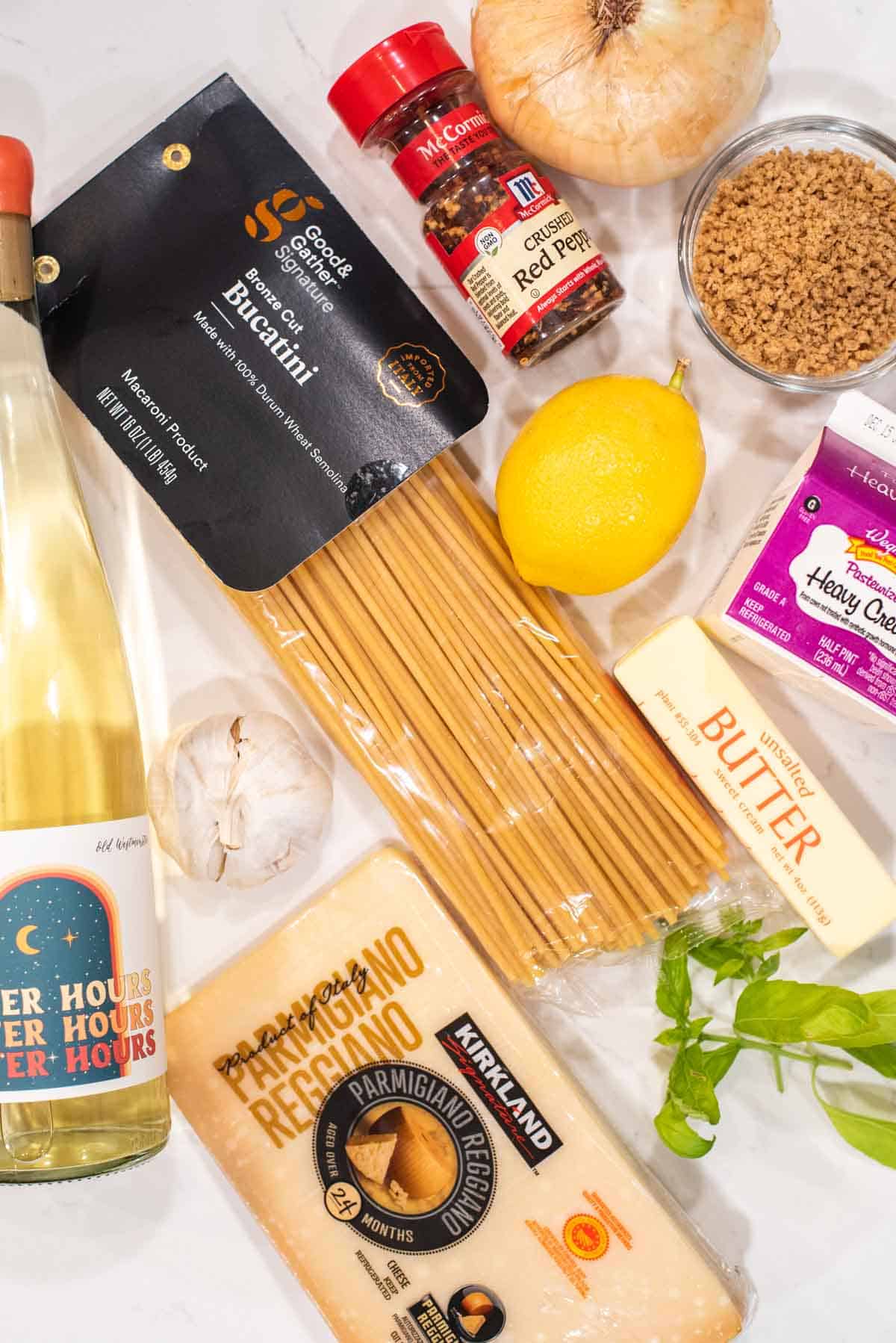 overhead shot of ingredients for garlic butter pasta