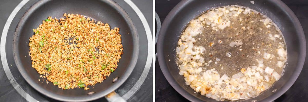process shots of making breadcrumb mixture and cooking butter, onions, garlic and wine in pan