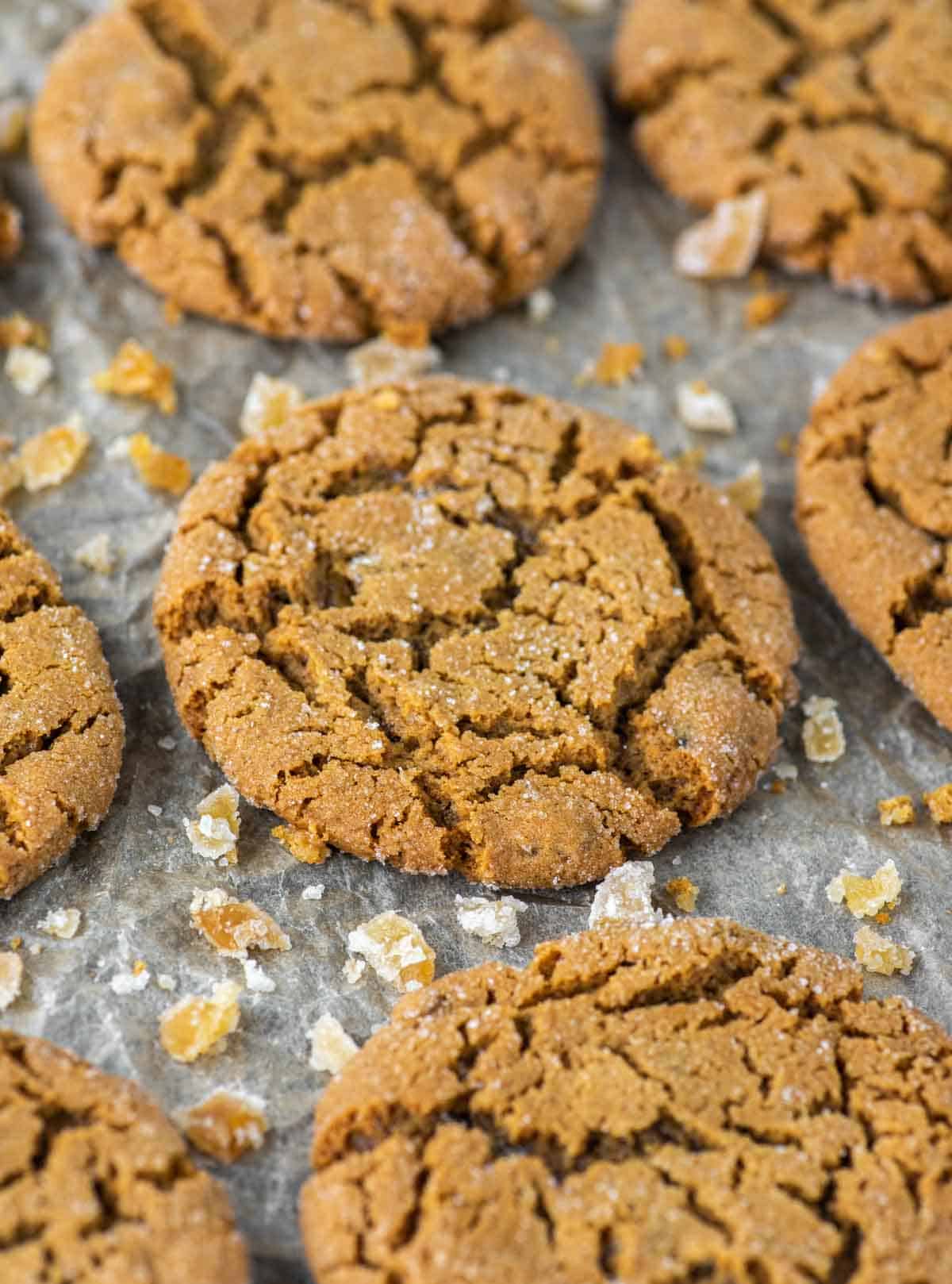 close-up of ginger cookies on parchment-lined baking sheet