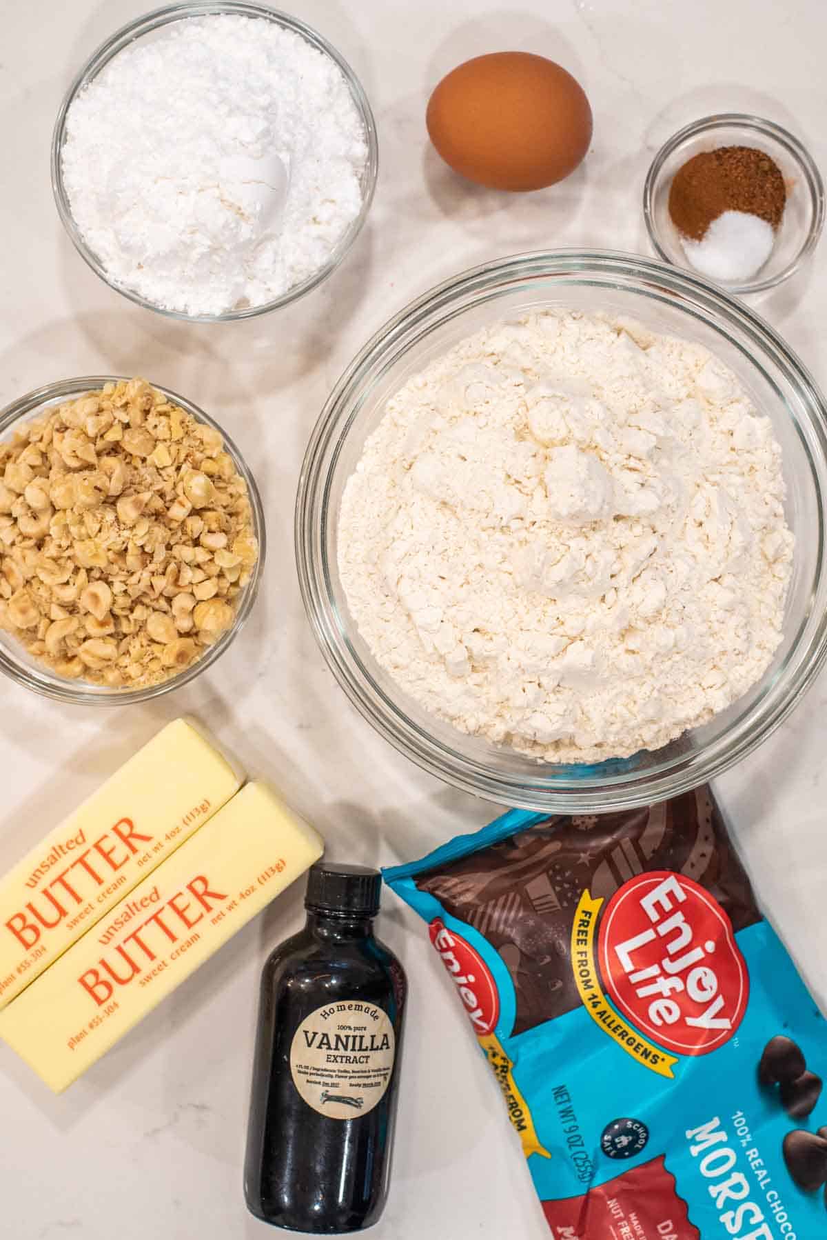 overhead shot of ingredients for hazelnut cookies