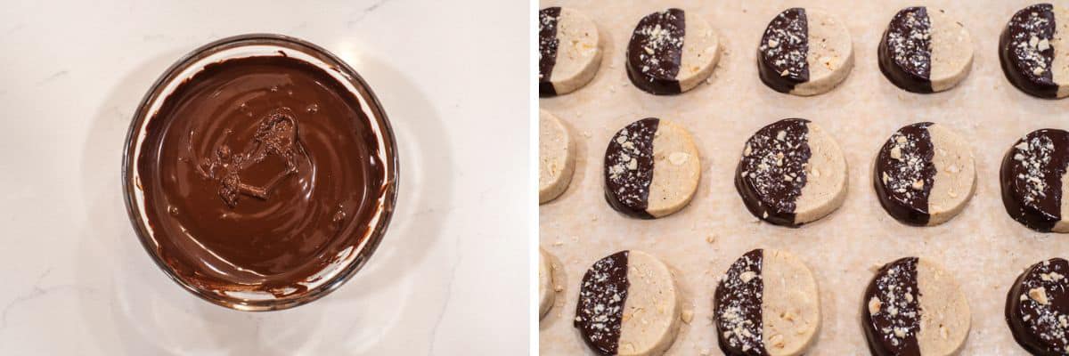 process shots of melting chocolate and dipping half of the cookie in it