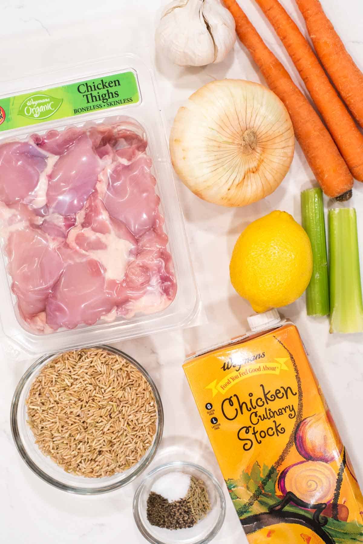 overhead shot of ingredients for Instant Pot chicken and rice soup
