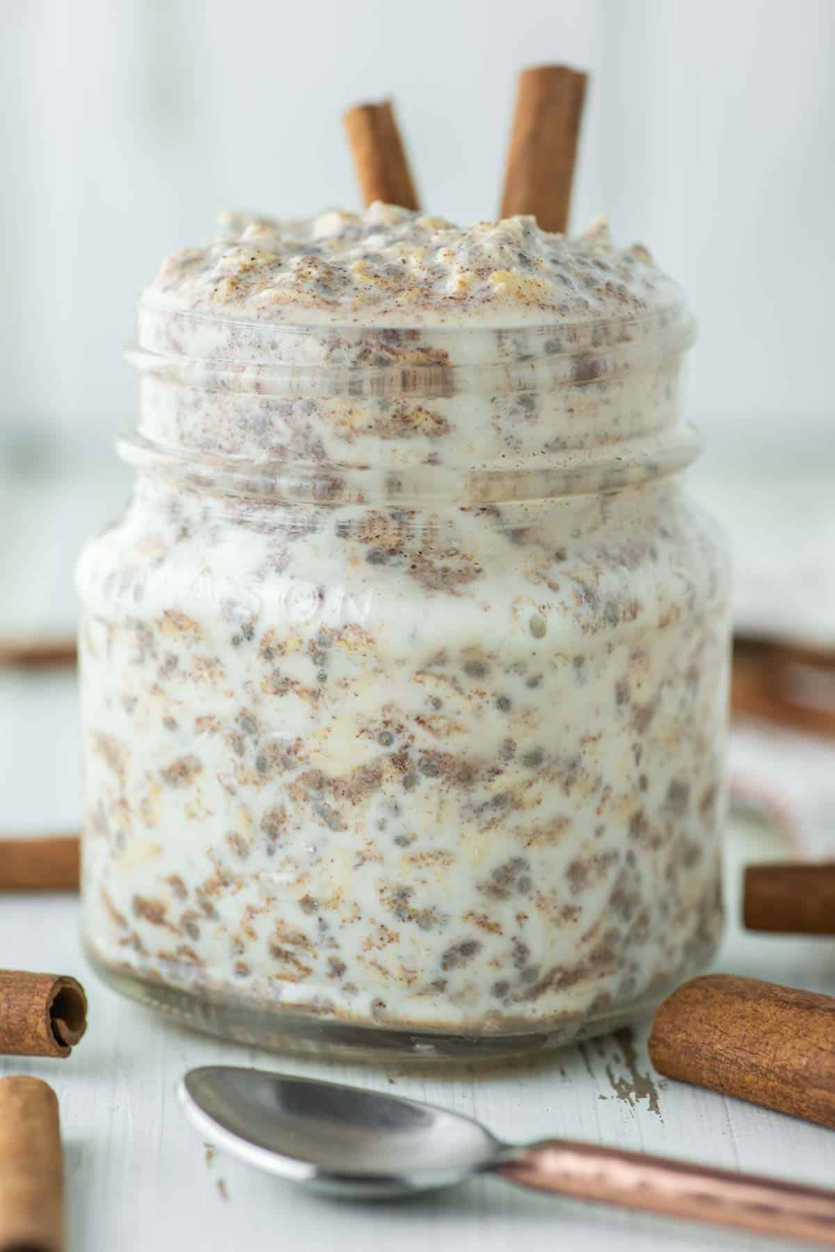 close-up of cinnamon overnight oats in glass jar