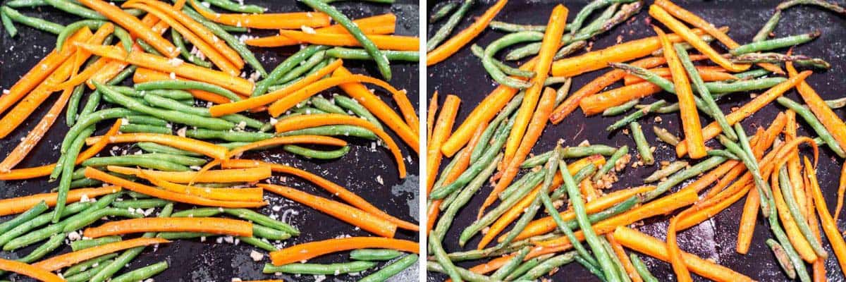 process shots of roasting green beans and carrots in baking sheet
