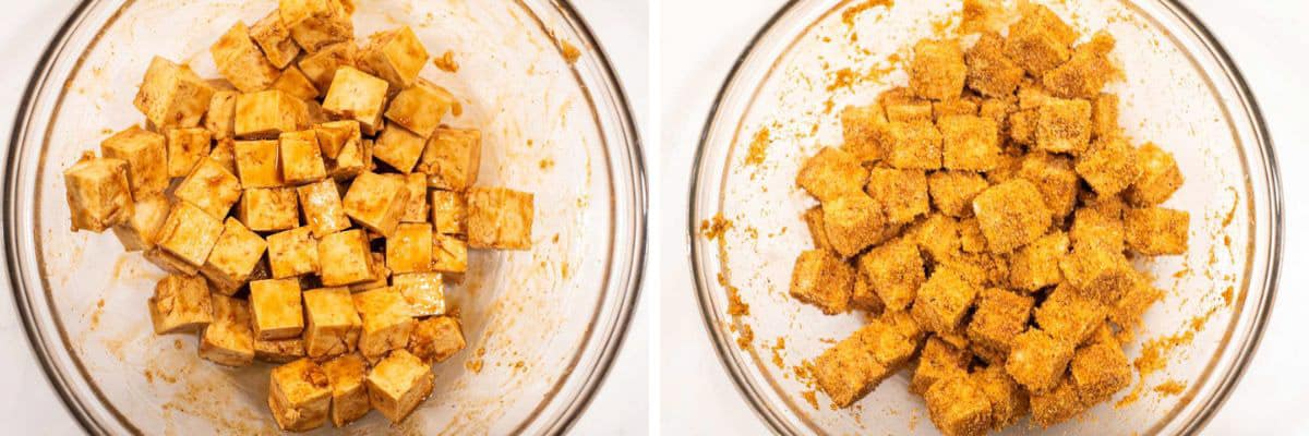 process shots of tossing the tofu in honey, sriracha, oil and spice mixture