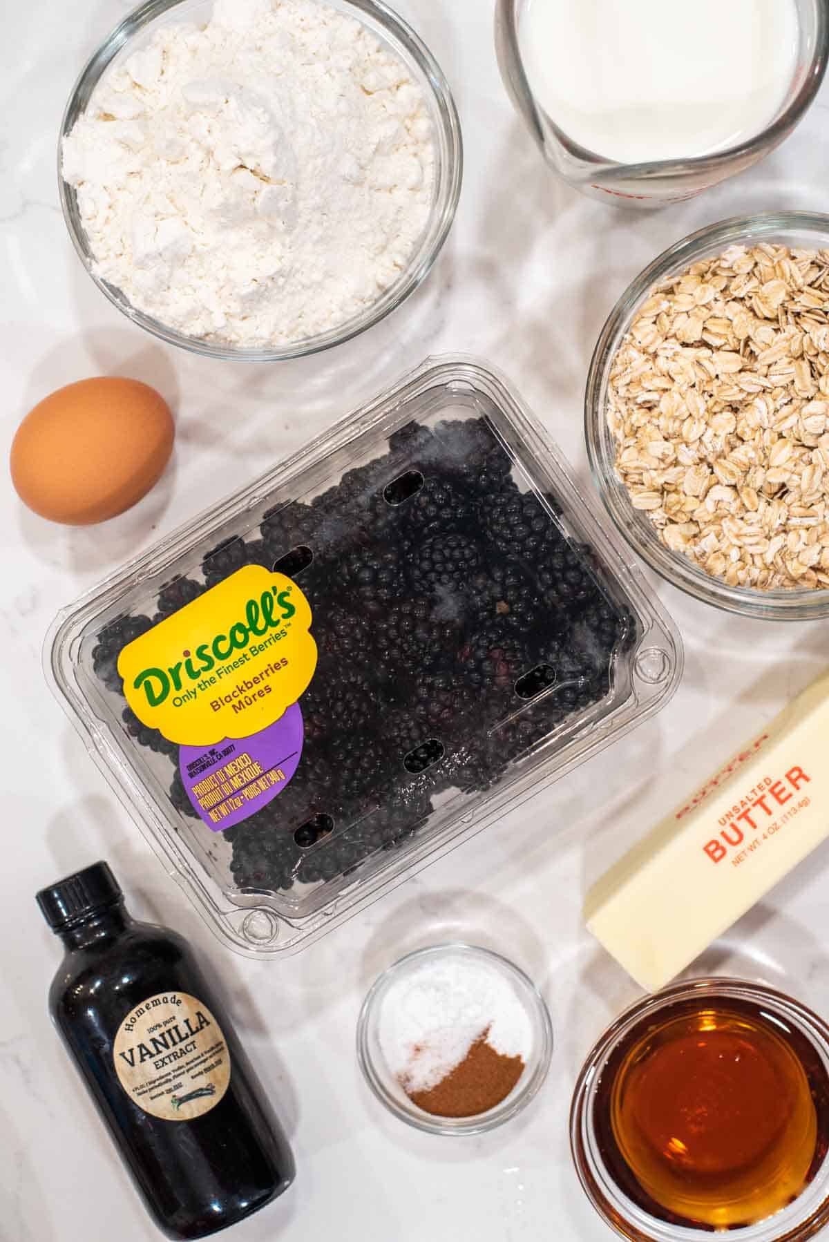 overhead shot of ingredients for blackberry oatmeal muffins