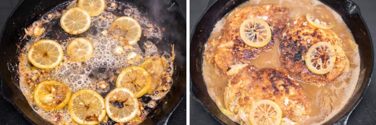 process shots of adding lemon juice, stock and wine before adding chicken back to skillet to cook