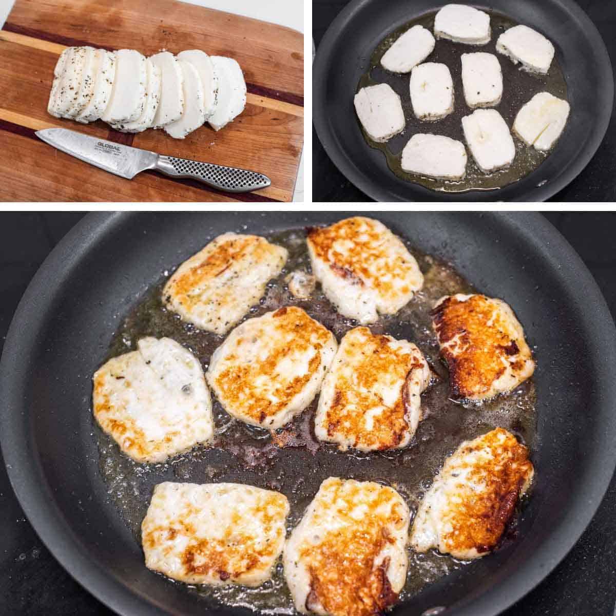 process shots of slicing halloumi and pan frying the cheese in a pan