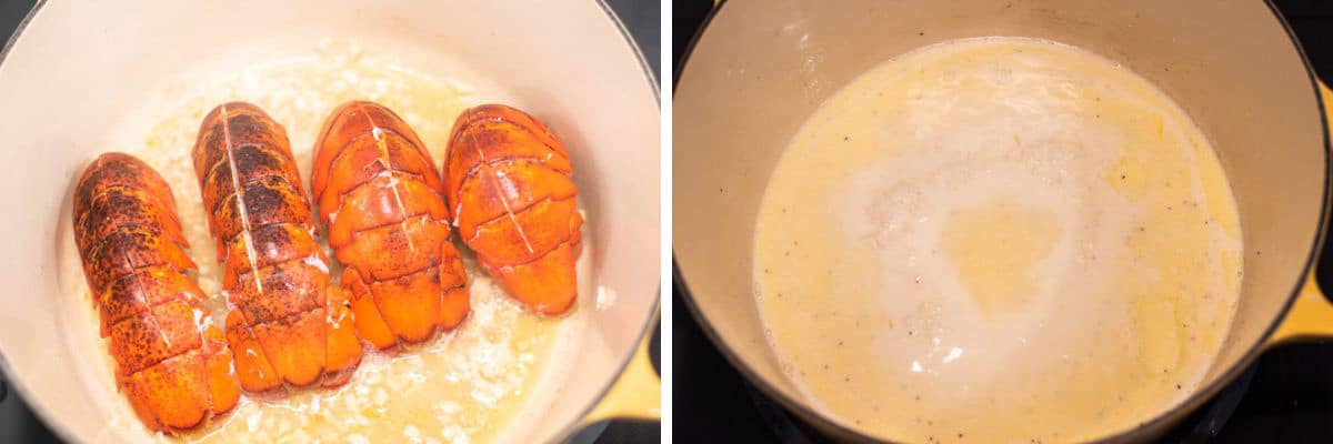 process shots of cooking lobster tails before adding cream and cheese to Dutch Oven