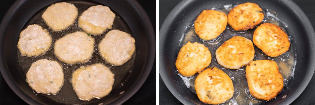 process shots of cooking fritters in skillet