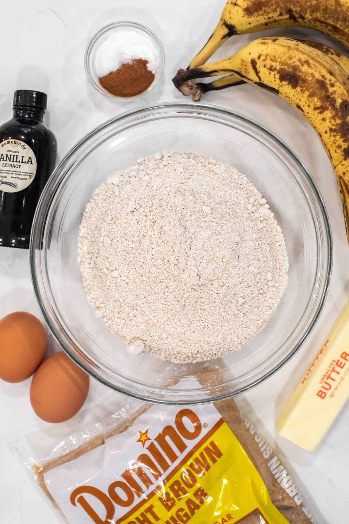 overhead shot of ingredients for oat flour banana bread