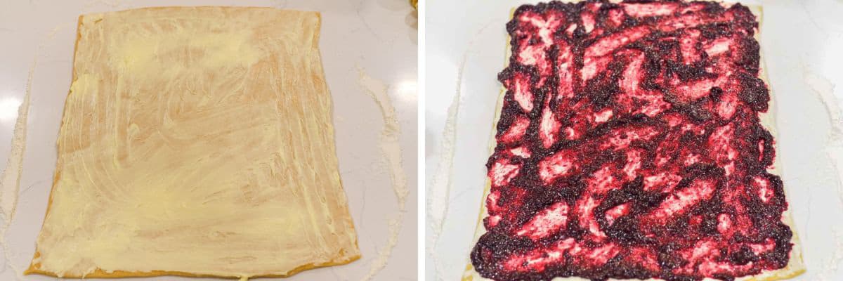 process shots of rolling out dough into 12x16 rectangle and rubbing butter and blueberry jam into it