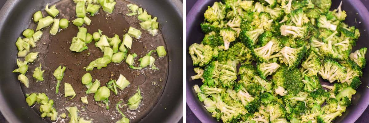 process shots of cooking broccoli stems and then broccoli as well as other ingredients in pan