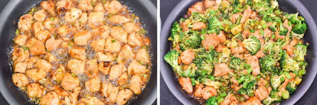 process shots of adding chicken to skillet before adding broccoli back to it