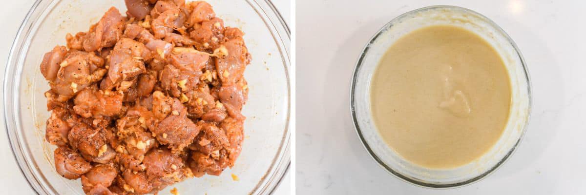 process shots of marinating chicken and making tahini sauce