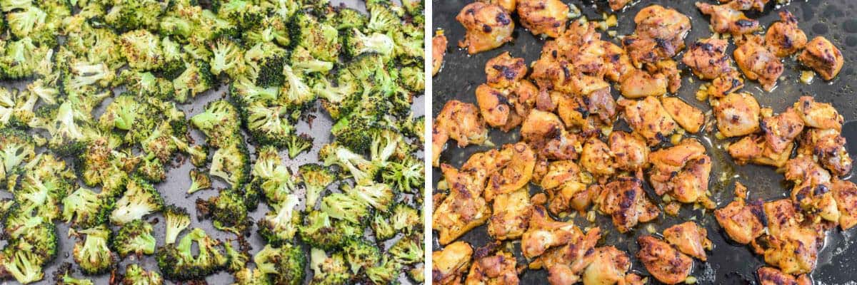 process shots of roasting broccoli and cooking chicken in pan