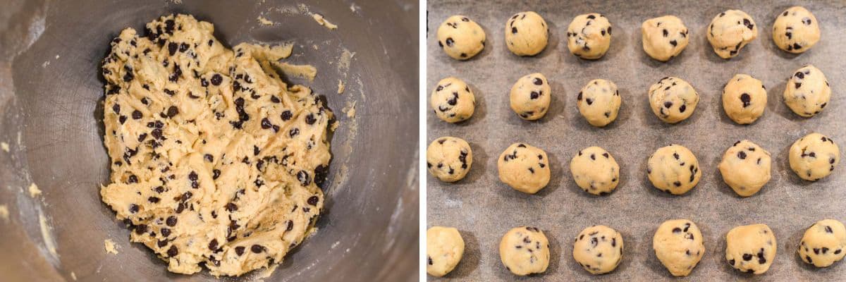 process shots of beating in chocolate chips before forming into balls