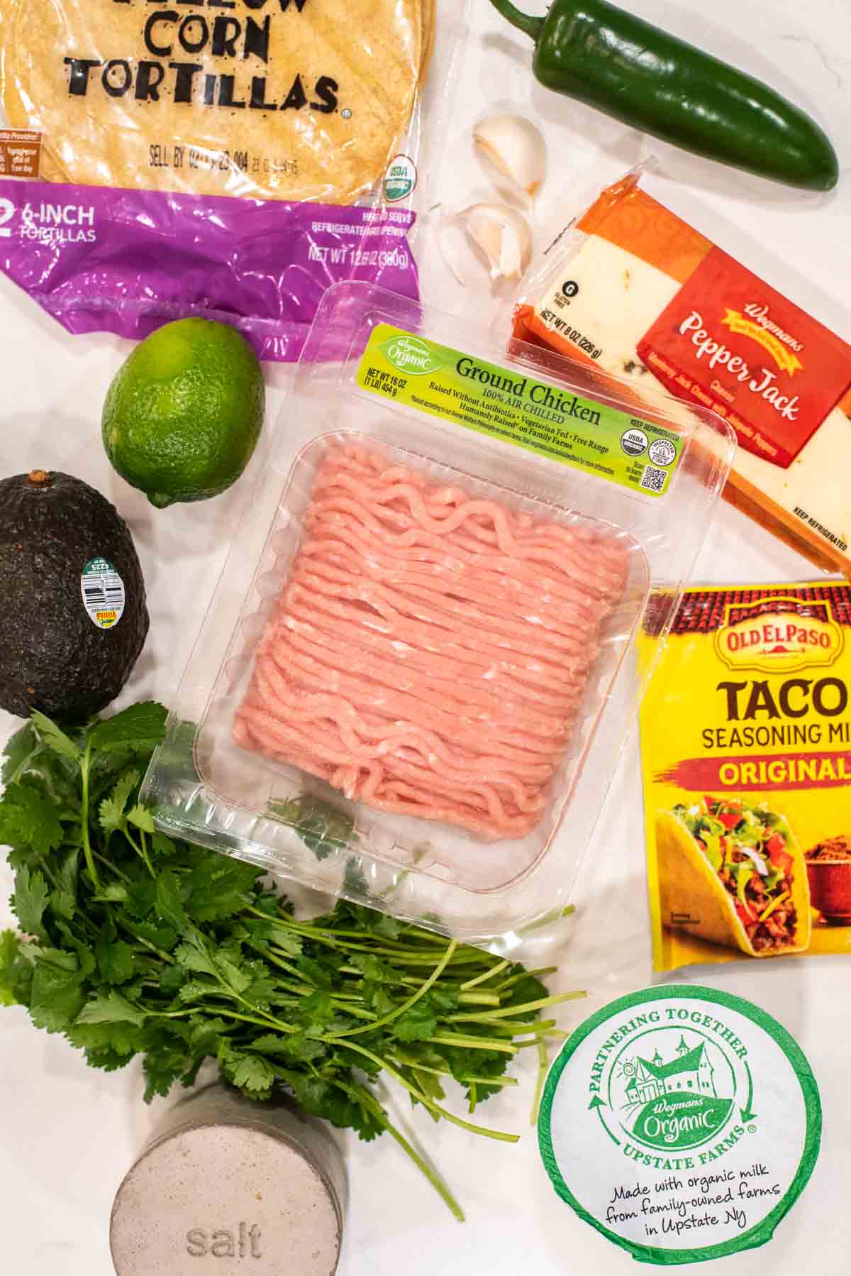 overhead shot of ingredients for crispy chicken tacos