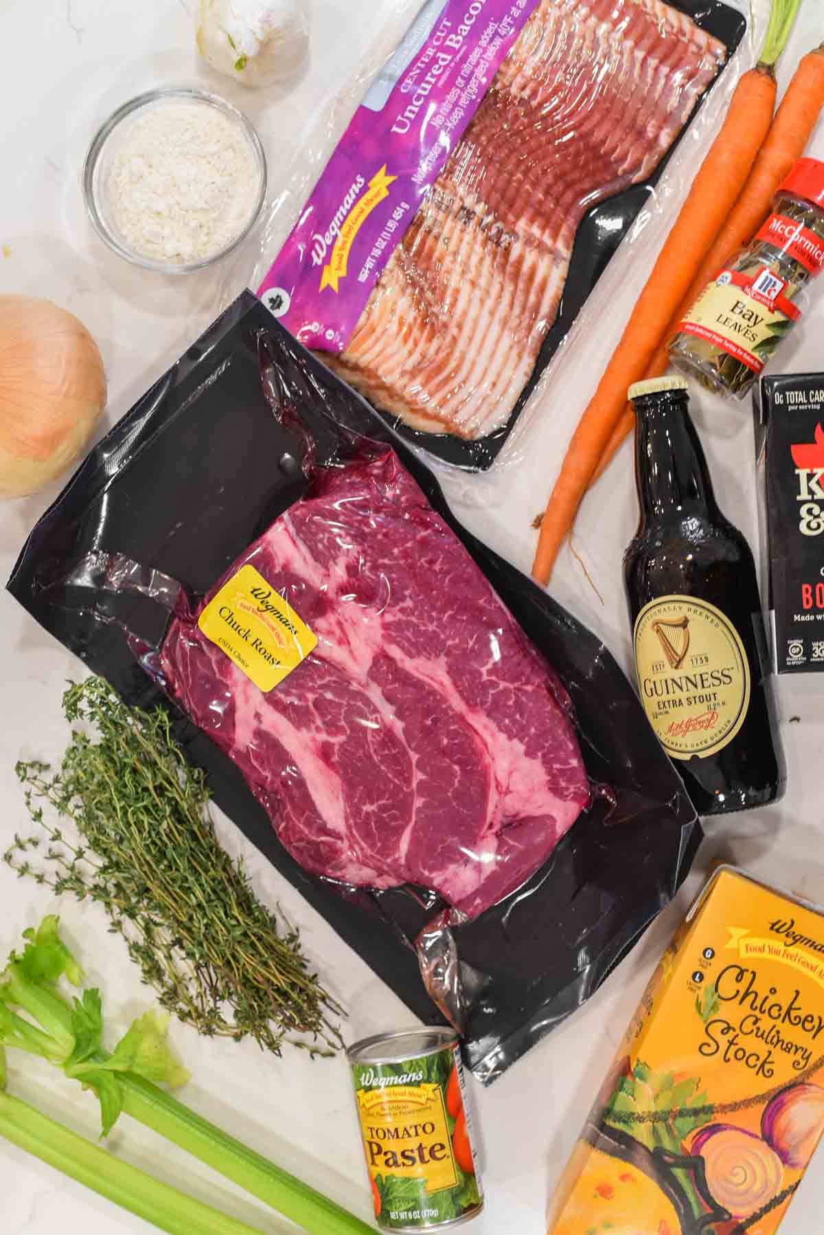 overhead shot of ingredients for Guinness beef stew