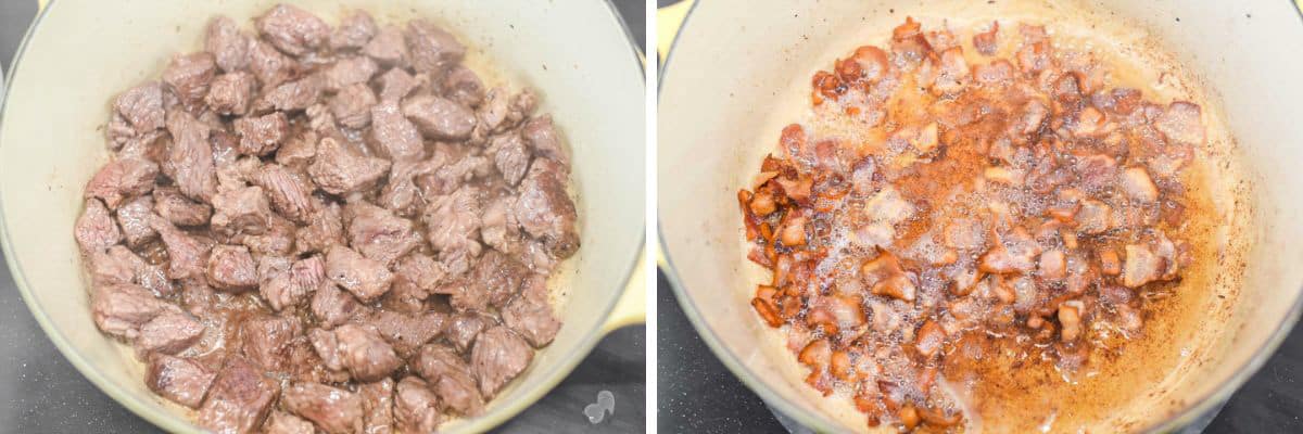 process shots of browning on Dutch oven beef before cooking bacon