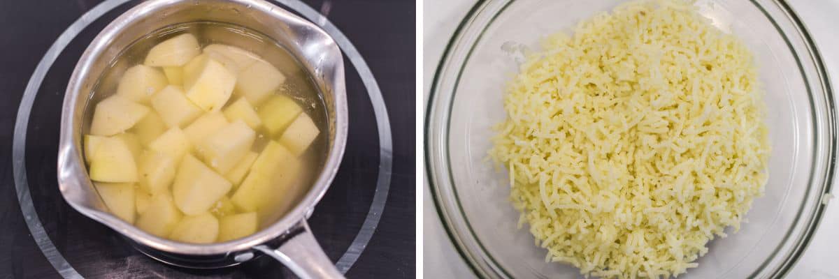 process shots of boiling potatoes before using a potato ricer in a bowl