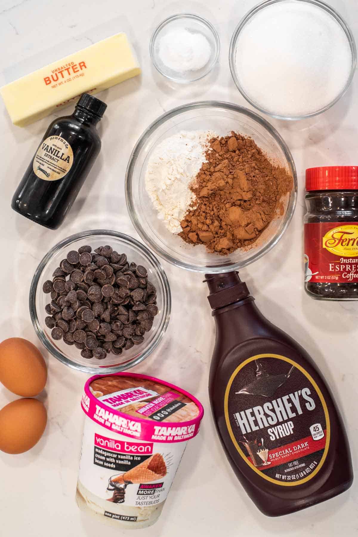 overhead shot of ingredients for sizzling brownie