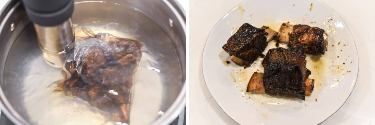 process shots of cooking the short ribs in water with the sous vide machine