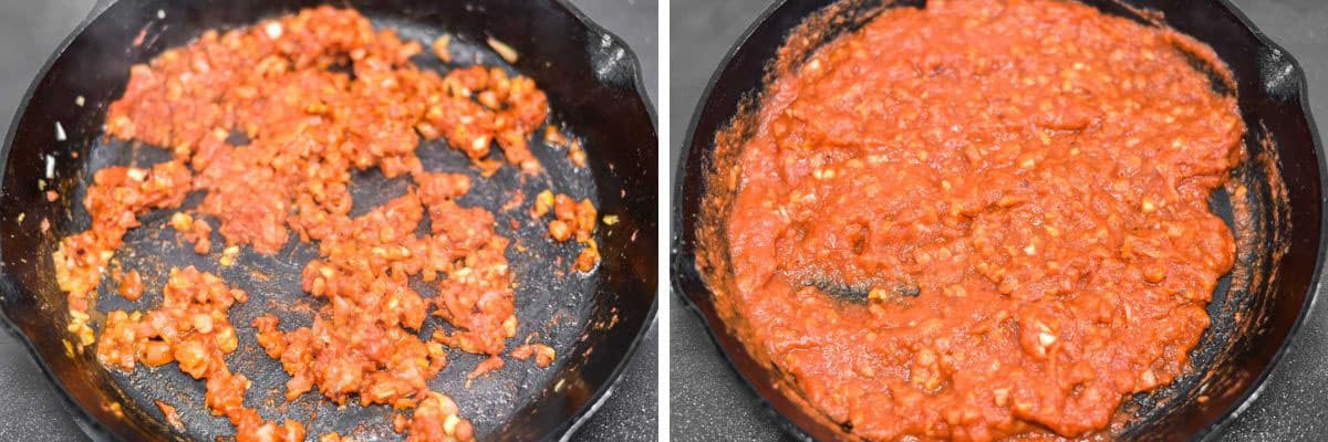 process shots of deglazing pan with vodka before adding tomato sauce
