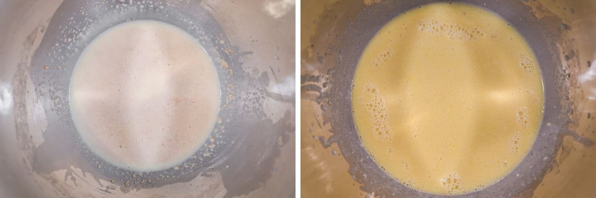 process shots of adding yeast to water and then mixing in the eggs, butter and vanilla extract
