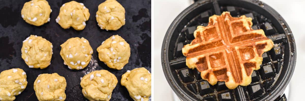 process shots of forming into balls and making waffles in waffle maker