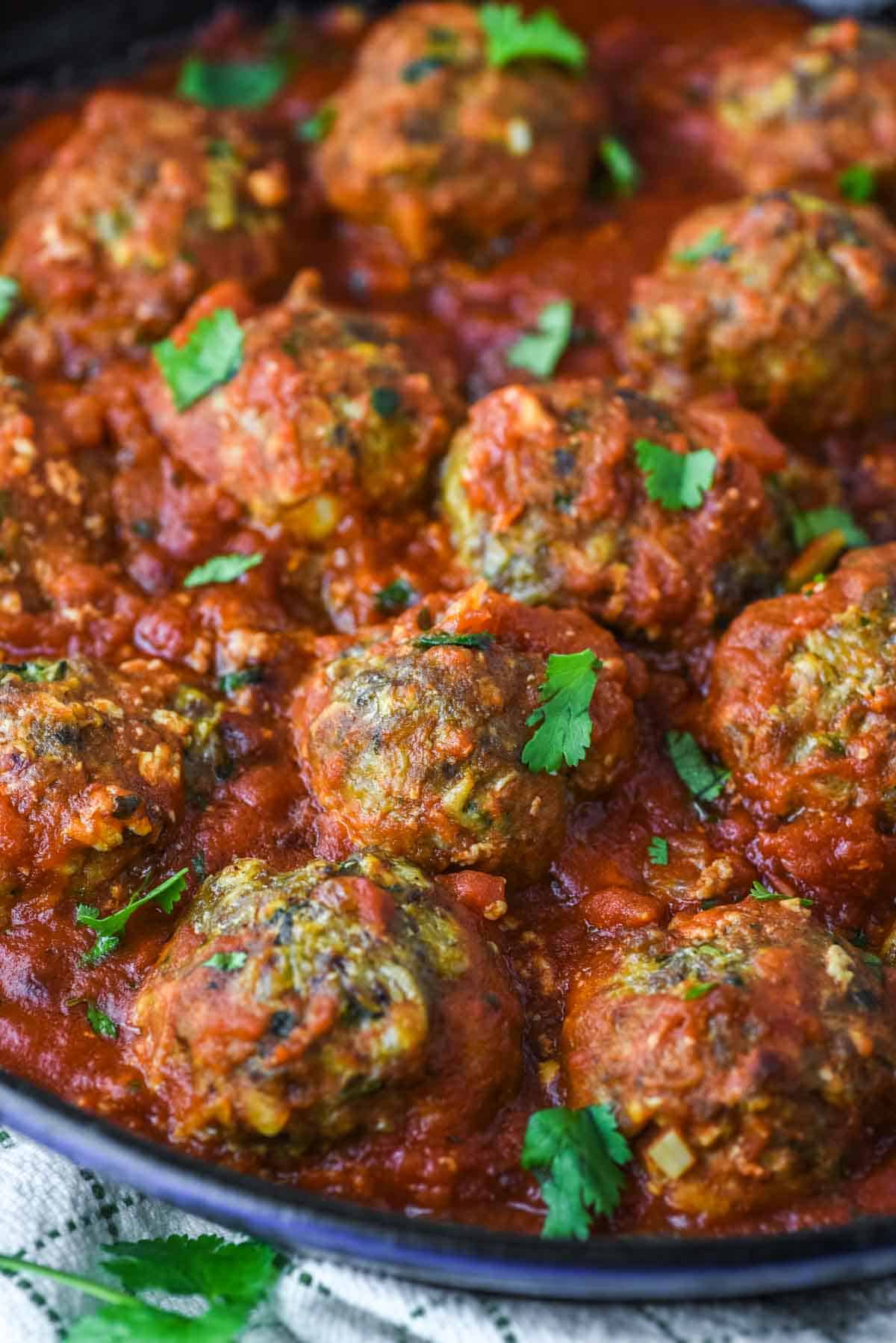 close-up of Mexican meatballs in skillet