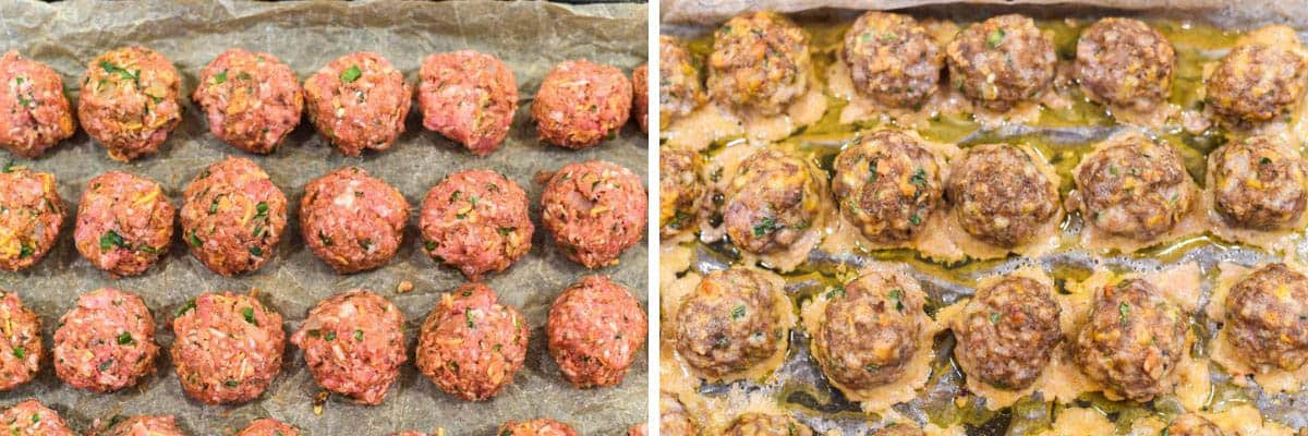 process shots of forming meat into golf-sized balls on baking sheet and baking