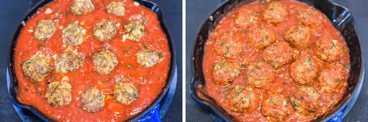 process shots of adding meatballs to sauce and tossing so it is coated