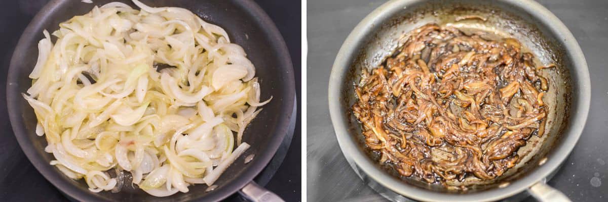 process shots of caramelizing onions in pan