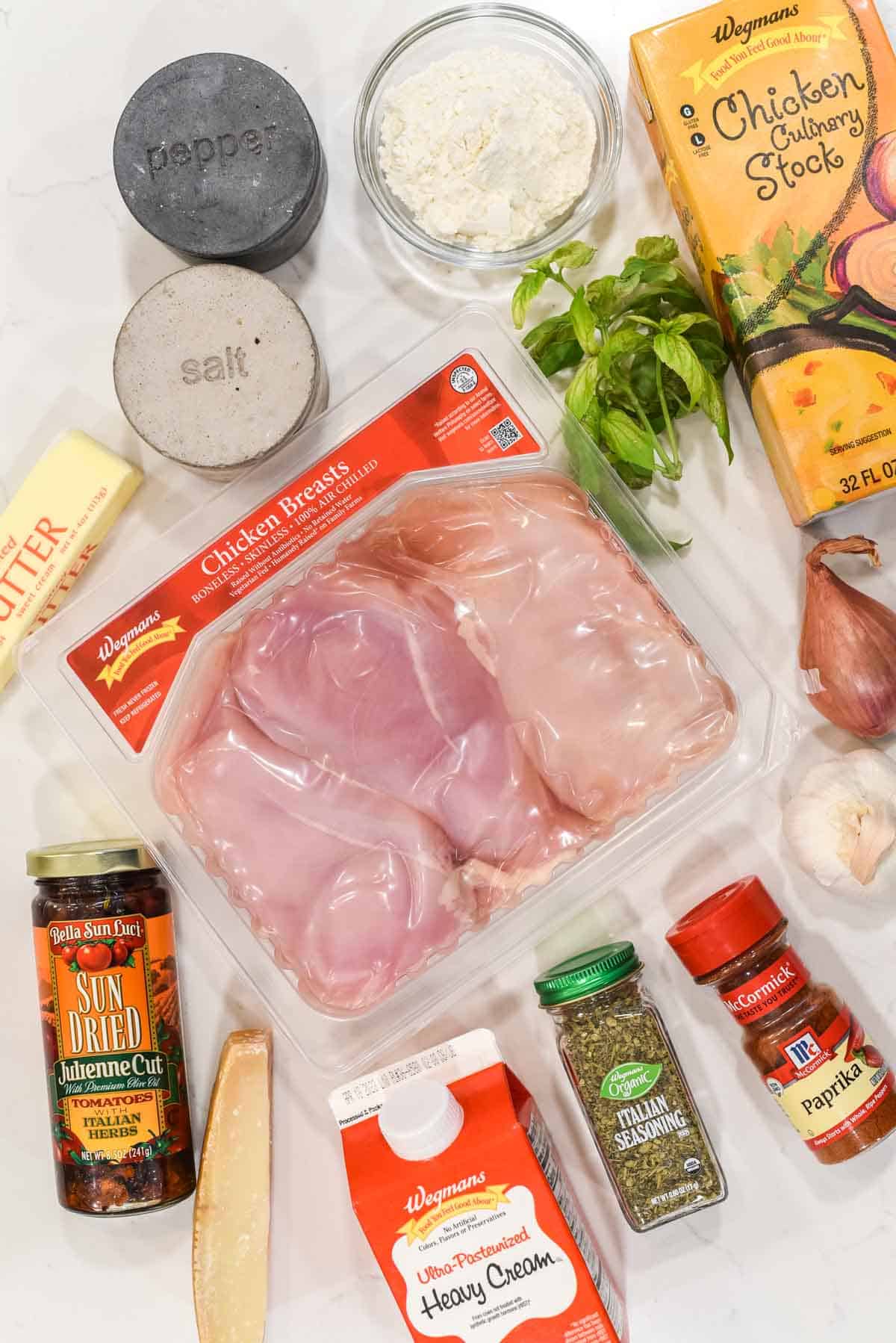 overhead shot of ingredients for sun-dried tomato chicken