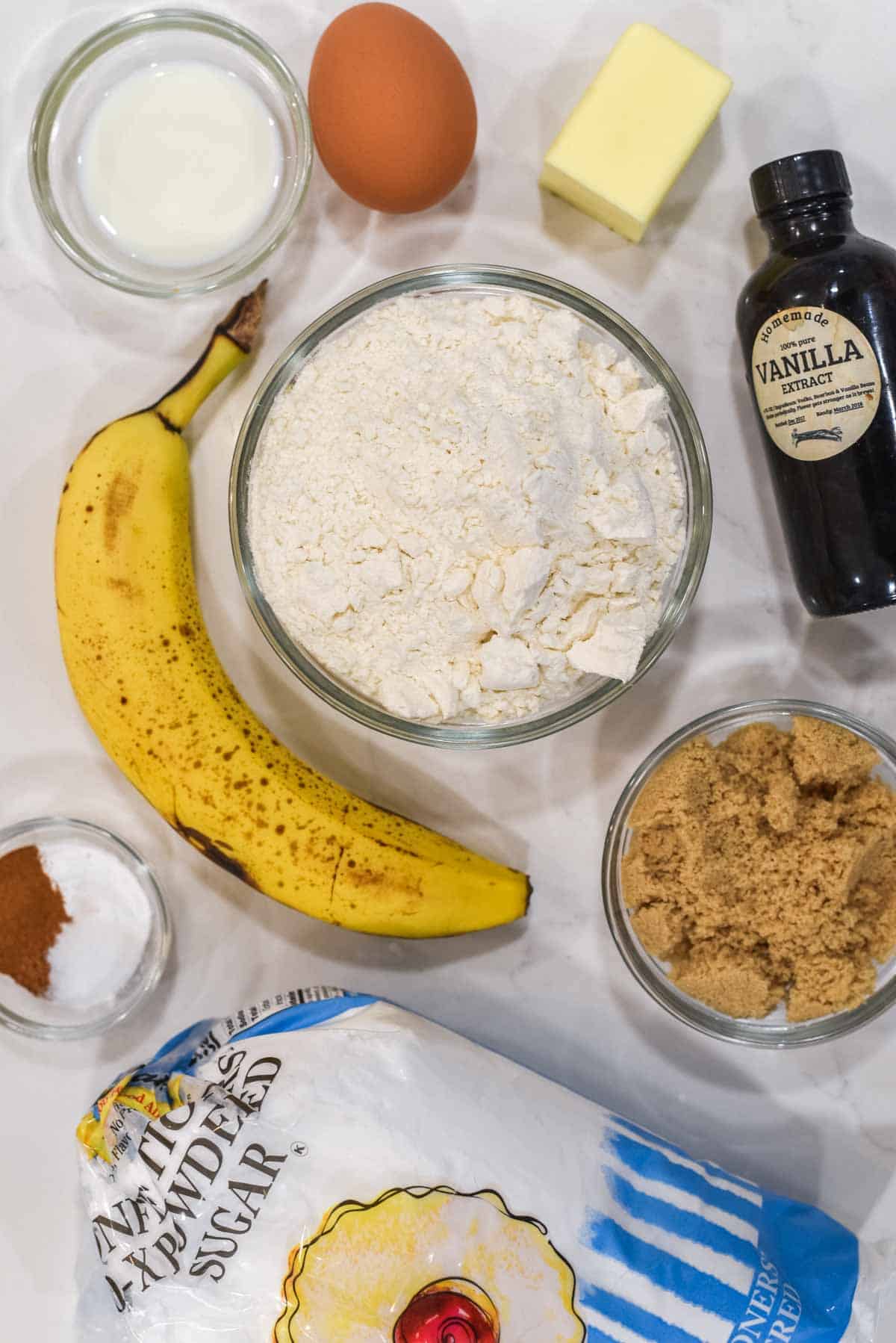 overhead shot of ingredients for banana donuts