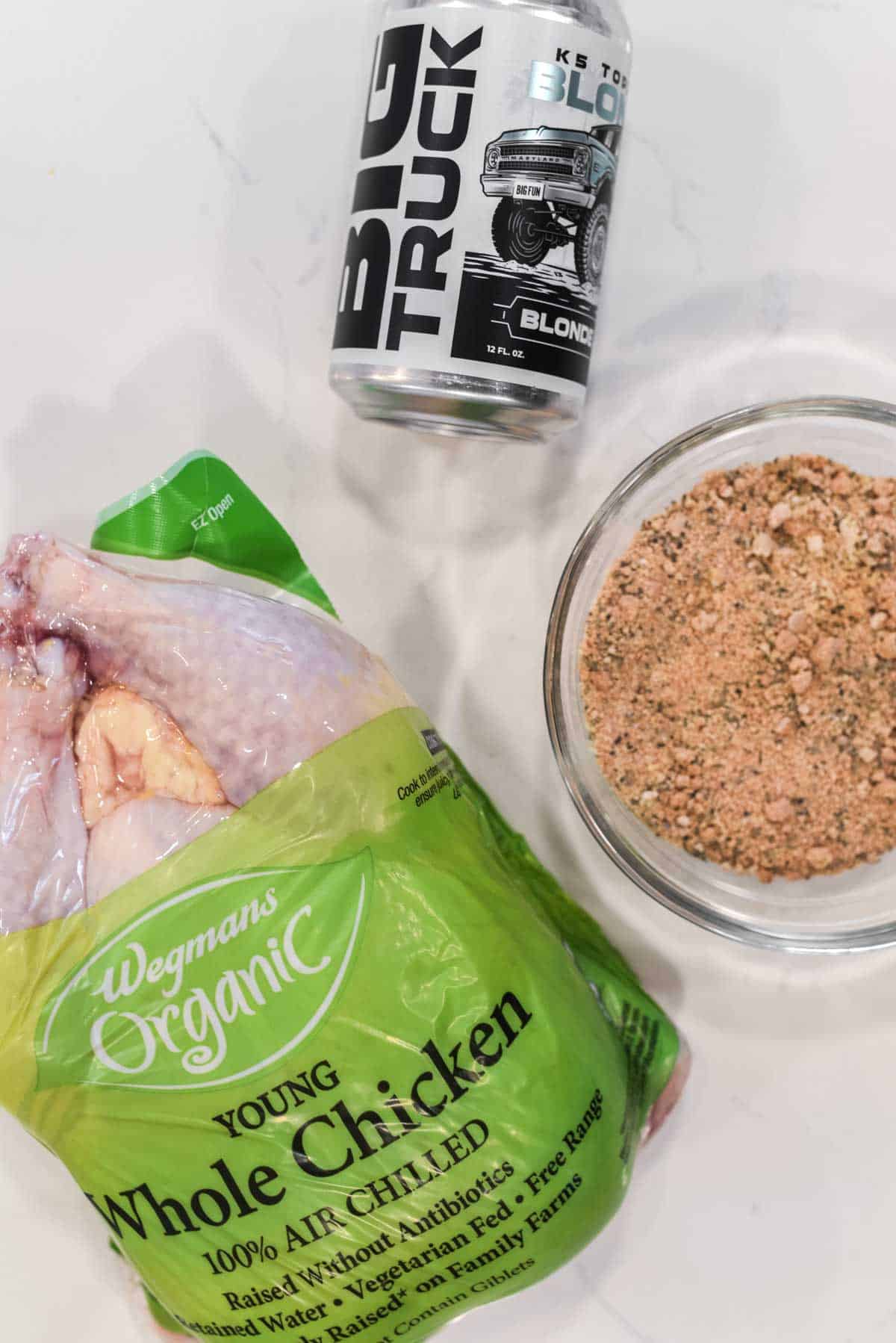 overhead shot of ingredients for beer can smoked chicken