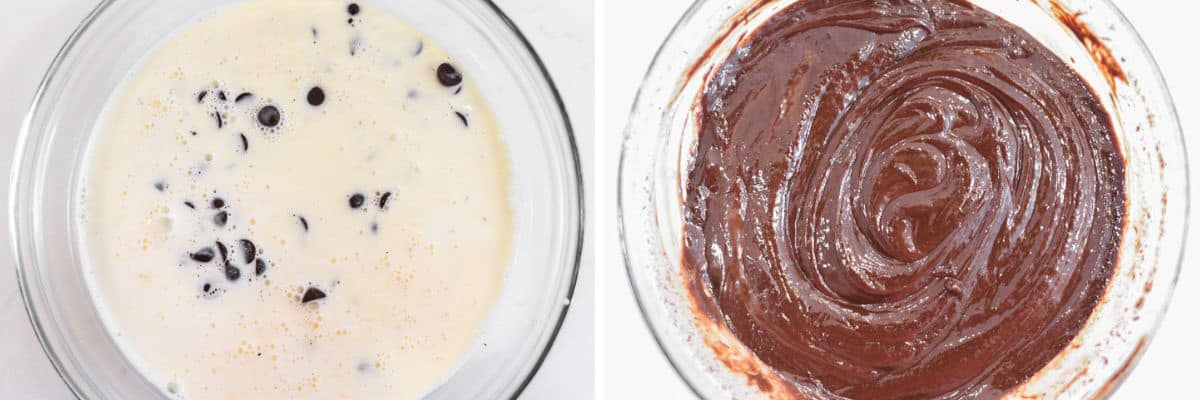 process shots of adding chocolate to warm heavy cream to make ganache