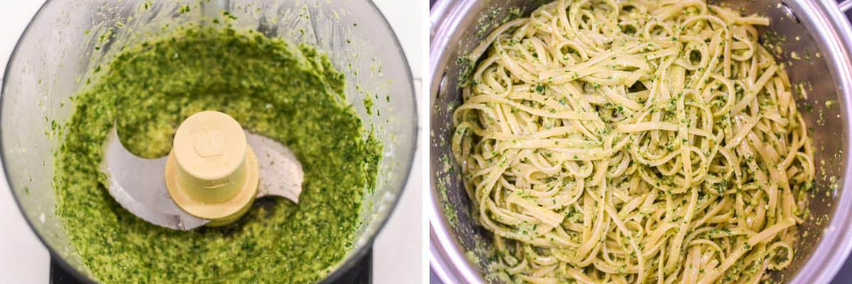 process shots of making pesto in food processor before adding to cooked pasta in bowl