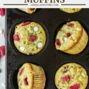 overhead shot of raspberry and white chocolate muffins in pan