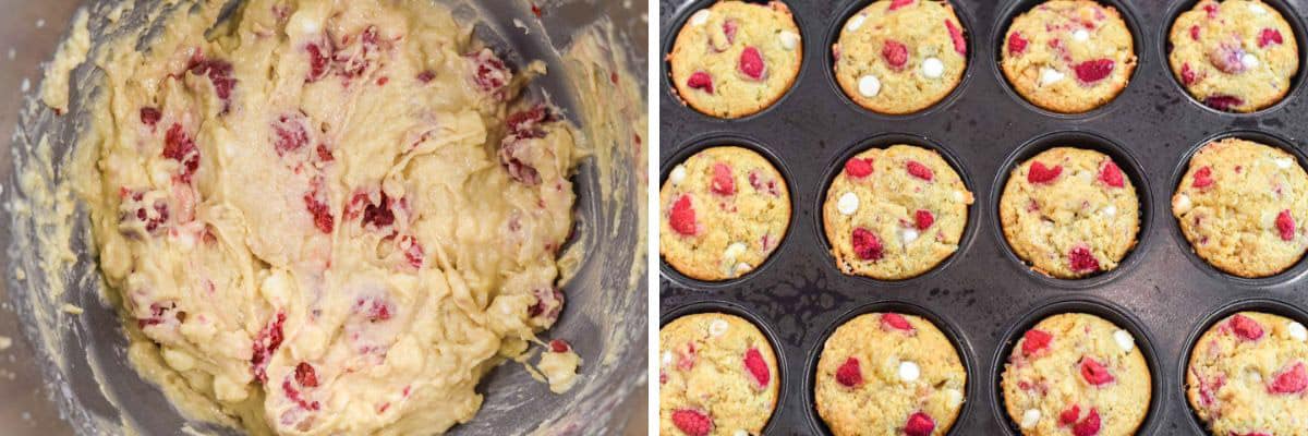 process shots of adding raspberries and white chocolate to bowl before adding batter to muffin pan and baking