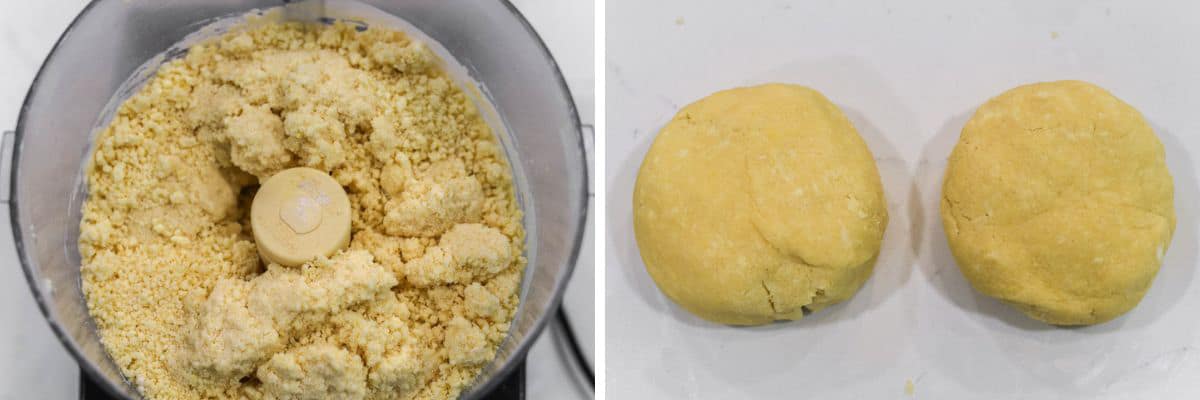 process shots of blending egg and water into dough before forming into 2 discs